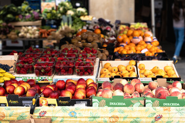 Vibrant Fruit and Vegetable Market Display.