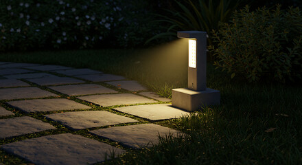 Illuminated Garden Path: Modern Concrete Pathway Light at Night