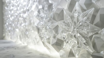 Intricate crystal decorations in star shapes adorn a white background, creating a winter ambiance. Soft light reflects off the crystals, adding a serene touch to the indoor environment