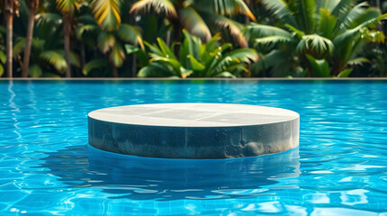 Stone podium in pool with blue pool water tropical design background
