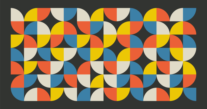 Abstract retro geometric banner with shapes pattern. Brutal contemporary figures in seamless tiles. Swiss design aesthetic, vector illustrations.