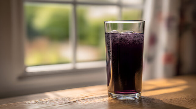 Refreshing Glass of Diluted Ribena Drink on Wooden Table with Natural Light from Window
