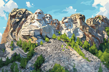 Vector artwork of Mount Rushmore in bright daylight with clear sky, shadows, and lush green trees in the foreground