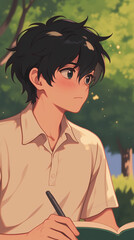 Fototapeta premium Anime Boy Writing in a Park