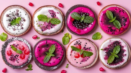 Creative pancake flatlay showcases colorful toppings and fresh mint accents