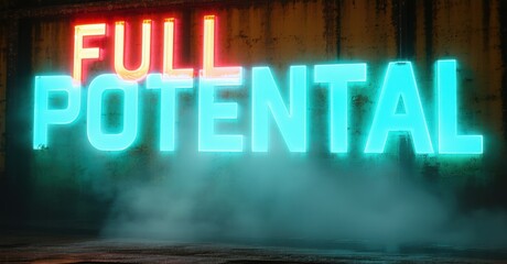 Chunky glowing full potential in red and cyan thick glowing font mounted on old metal wall with ambient fog and shadows