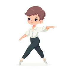 Pretty and gentle ballerina boy dancing with stars on white background. Poster, Banner, Flyer, Greeting Card. Vector illustration in flat cartoon style