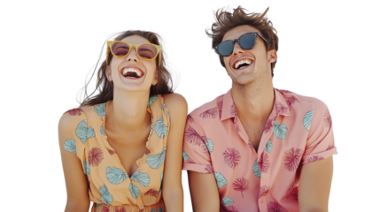 Happy couple in matching pastel summer outfits, laughing and enjoying vacation vibes, white backdrop png 