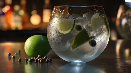 Refreshing Gin and Tonic with Lime and Ginger Garnish in Elegant Glass on Bar Counter