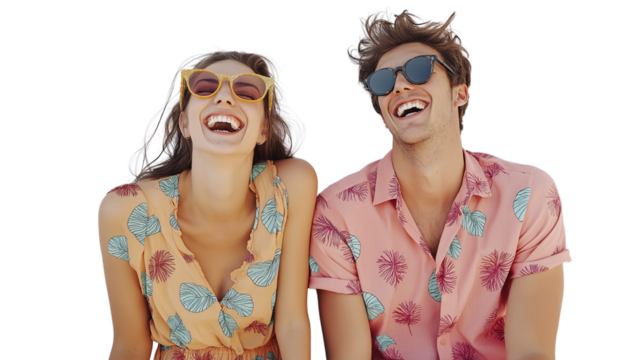 Happy couple in matching pastel summer outfits, laughing and enjoying vacation vibes, white backdrop png