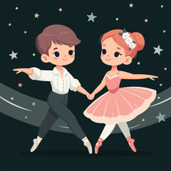 Pretty and gentle a pair of ballerinas dancing with stars and music. Poster, Banner, Flyer, Greeting Card. Vector illustration in flat cartoon style