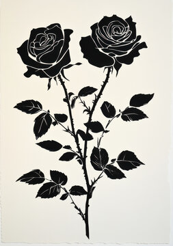 striking black and white illustration of two roses, showcasing intricate details of petals and leaves, evoking sense of elegance and beauty