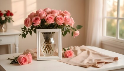 White frame mockup with pink roses in a glass vase on a white table.Portrait orientation.