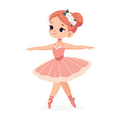 Pretty and gentle ballerina girl in pink dress dancing with stars on white background. Poster, Banner, Flyer, Greeting Card. Vector illustration in flat cartoon style