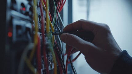 Electrician inspecting electrical wiring in a commercial building. Featuring safety and diagnostics