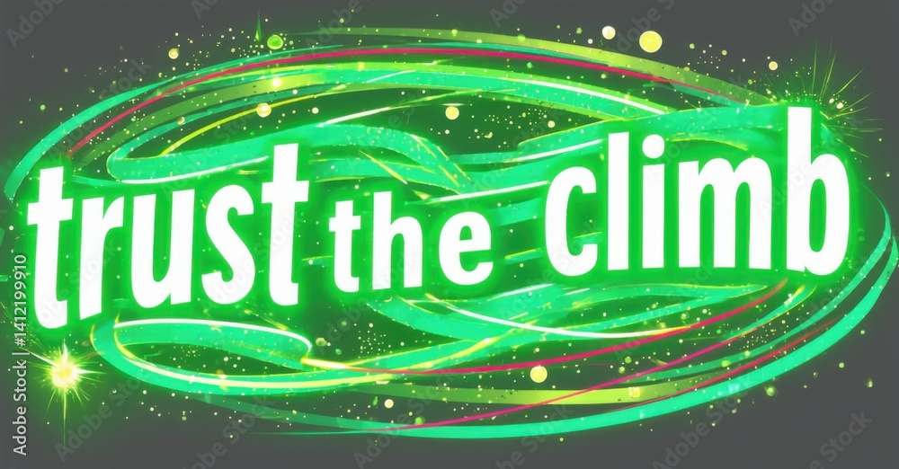 Aufkleber Bright graphic displays text trust climb. Green, pink swirls create dynamic background. Stars add sparkle, motivation.