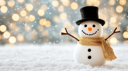 Happy snowman in a snowy field with golden holiday lights glowing softly in the background.