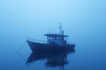 Obraz premium Fishing boat floating in fog with still water on a misty blue lake setting