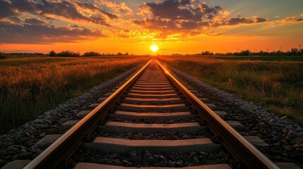 Fototapeta premium Photograph of railway tracks with the sun setting in the background