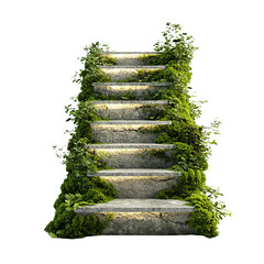 Png of A serene staircase overgrown with lush greenery, inviting nature into an otherwise concrete world, symbolizing rejuvenation.