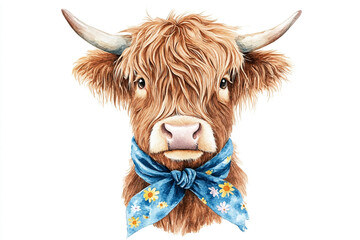 Highland cow portrait watercolor painting fluffy brown hair blue bandana flowers cute animal art