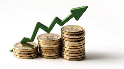 Stacks of coins with rising green arrow. Economic progress