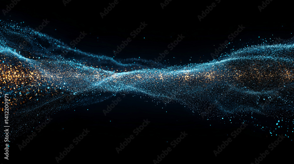 Poster abstract image of blue and gold particles forming a wave on a black background, showcasing movement 