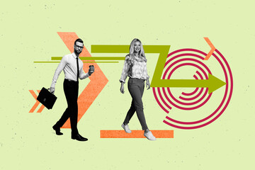 Template image collage of worker people walk follow arrows button lines on green color background