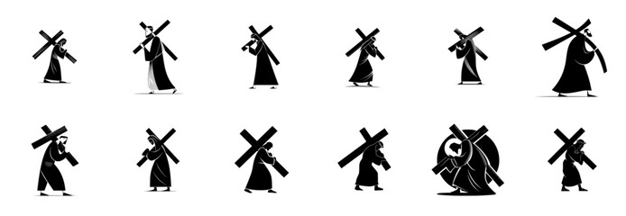 Set of sixteen silhouette icons of jesus carrying the cross