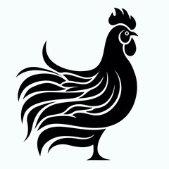 Rooster silhouette in tribal black style with flowing tail