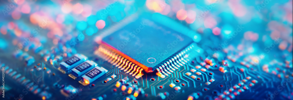 Wall mural computer microchips and processors on electronic circuit board. abstract technology microelectronics