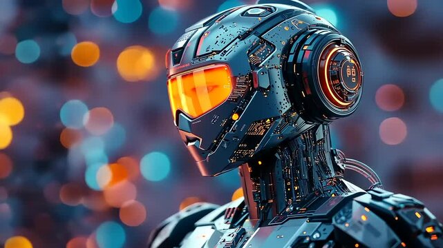 Futuristic robot with glowing features against a vibrant bokeh background, symbolizing technology