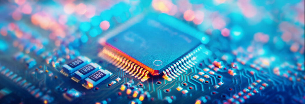 Computer Microchips and Processors on Electronic circuit board. Abstract technology microelectronics concept background. Macro shot, shallow focus.