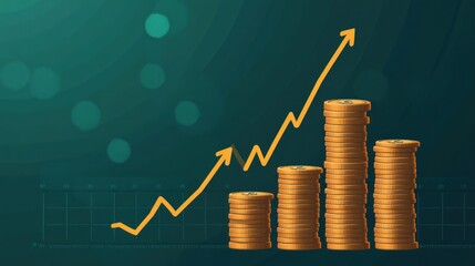 Image depicts stacks of gold coins with an upward trending golden arrow, indicating financial growth and success