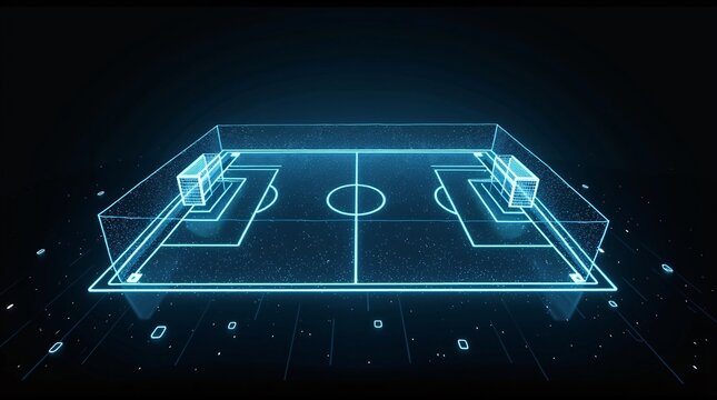 Futuristic Digital Soccer Field A mesmerizing neon blue digital rendering of a soccer field goals and lines glowing against a dark background with digital binary code details - Powered by Adobe