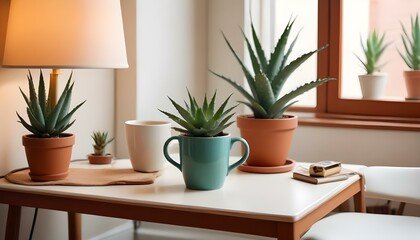 White mug mockup with a lamp, aloe vera plant and workspace accessories on a white table.