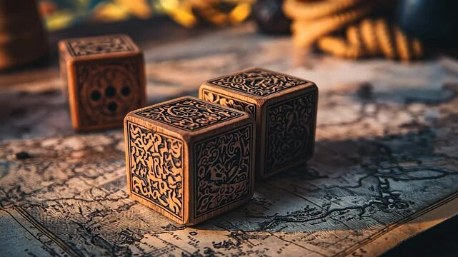 Ornate Wooden Dice on Antique Map