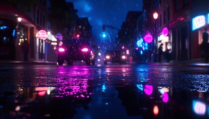 Vehicles drive through rainy city street at night, lights reflecting in puddle