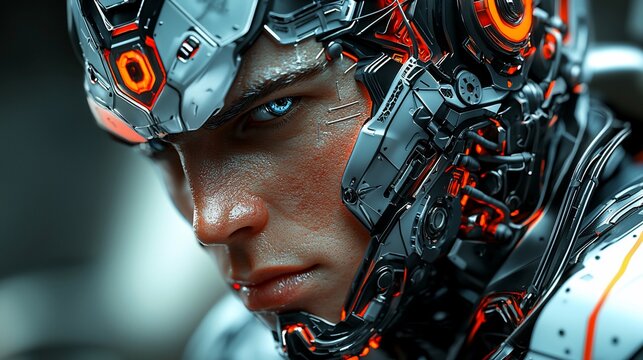Futuristic cyborg soldier, close-up.  Intense gaze