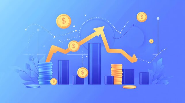 Illustration of financial growth and economic trends, showing increasing and decreasing data with bars and coins