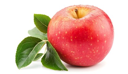 Red apple with green leaf isolated on white background