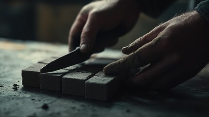 Mason cutting bricks for a wall construction. Featuring skill and precision