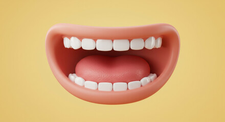 Naklejka premium Playful 3D rendering of a large smiling mouth against a yellow background, showcasing a sense of fun and whimsy 