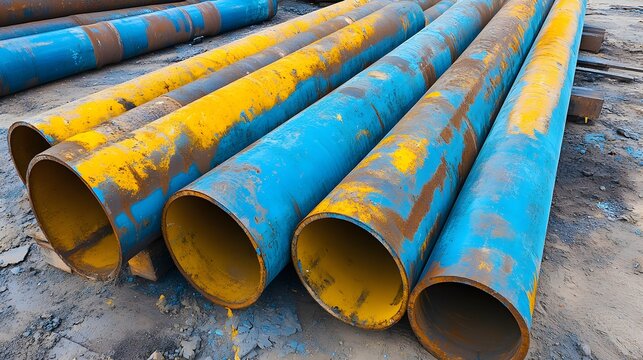 Rusty Blue and Yellow Metal Pipes Industrial Construction
