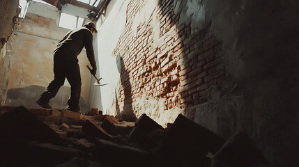 Fototapeta premium Mason working on a brick wall at a construction site. Skill and precision