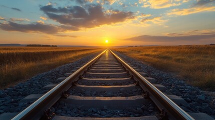 Photograph of railway tracks with the sun setting in the background
