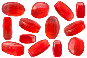 Many red candies isolated on transparent background.