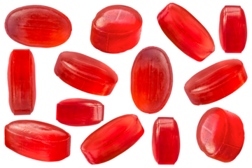 Many red candies isolated on transparent background.