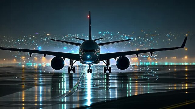 Illuminated airplane awaiting takeoff on wet runway at night with city skyline view