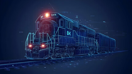 Futuristic Train Consisting of Pixels and Digital Data with Glowing Headlight in a Dark Blue Technological Background